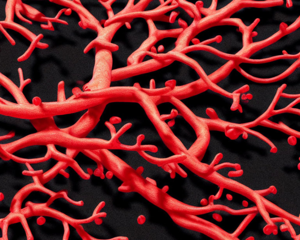 Complex 3D Red Blood Vessels Network on Black Background