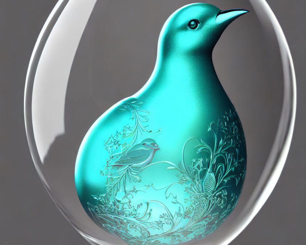 Teal Bird Figurine in Silver Frame on Gray Background