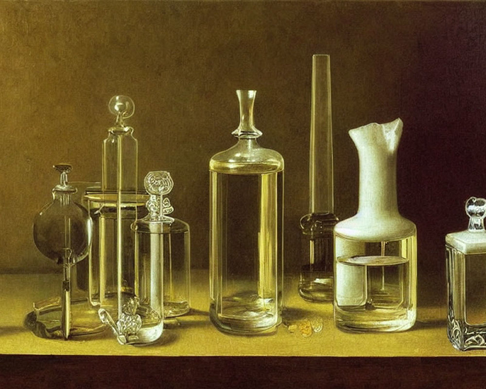 Glass scientific vessels: flasks, beaker, cylinders on flat surface