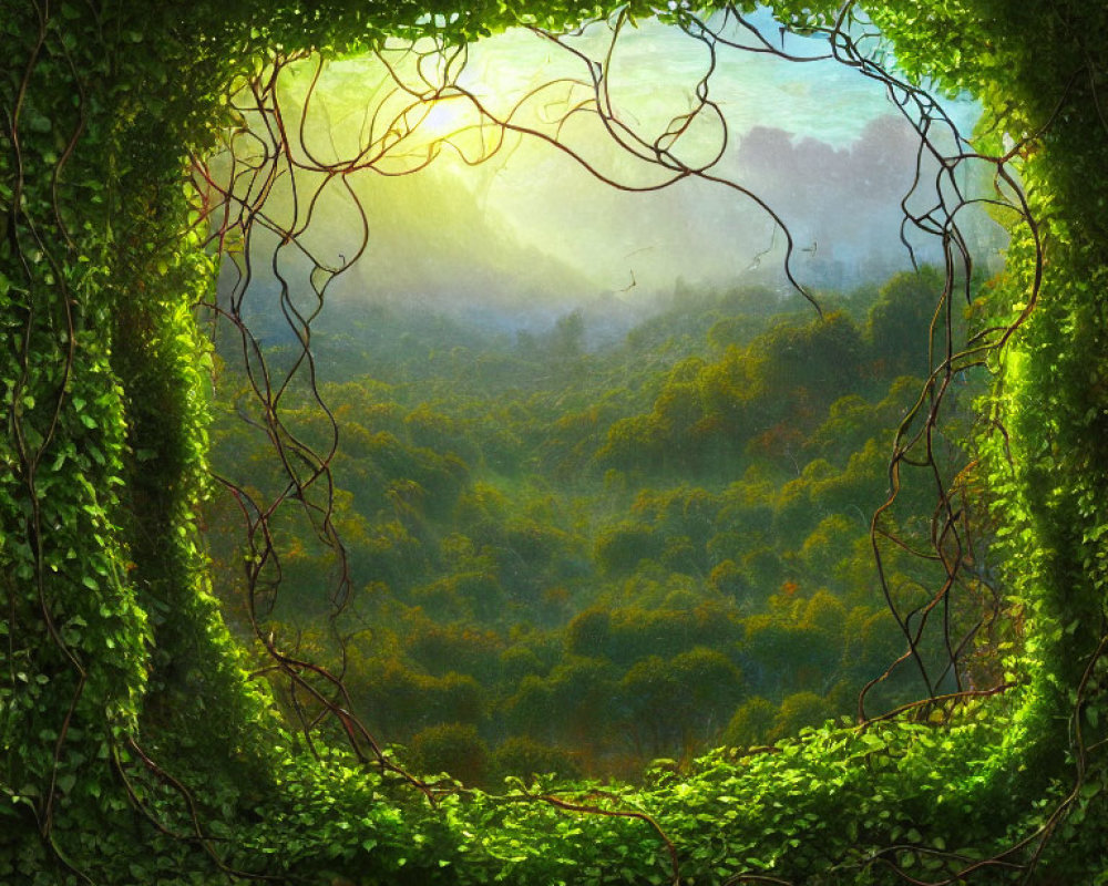 Verdant forest view with entwined vines and sunlight filtering through canopy