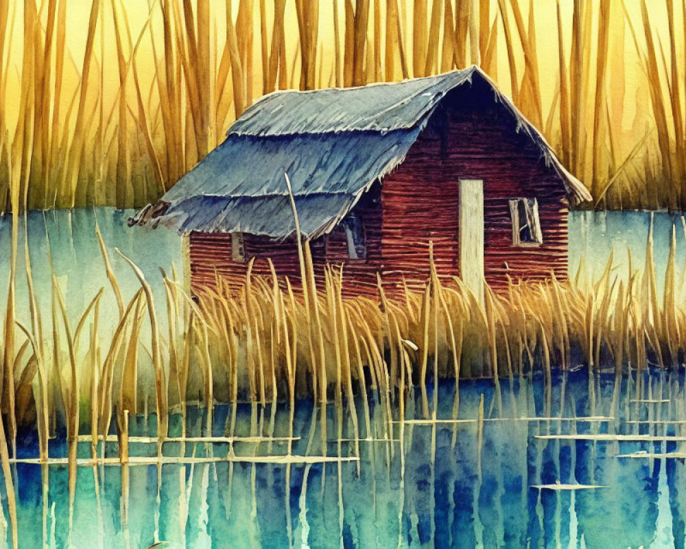 Small wooden cabin in watercolor by tranquil lake