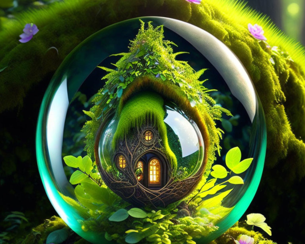 Miniature house and forest in crystal ball with vibrant flora.