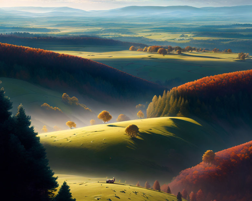 Tranquil landscape with rolling hills, greenery, autumnal trees, and distant animals.