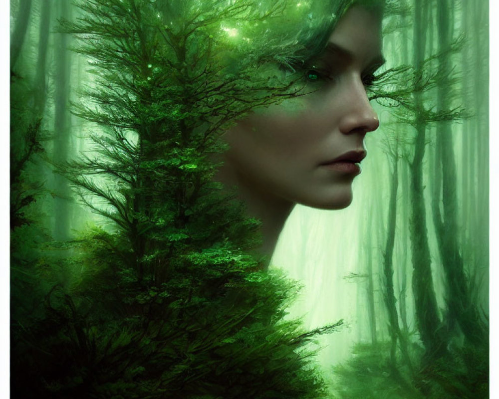 Woman's face merges with lush greenery in forest portrait.