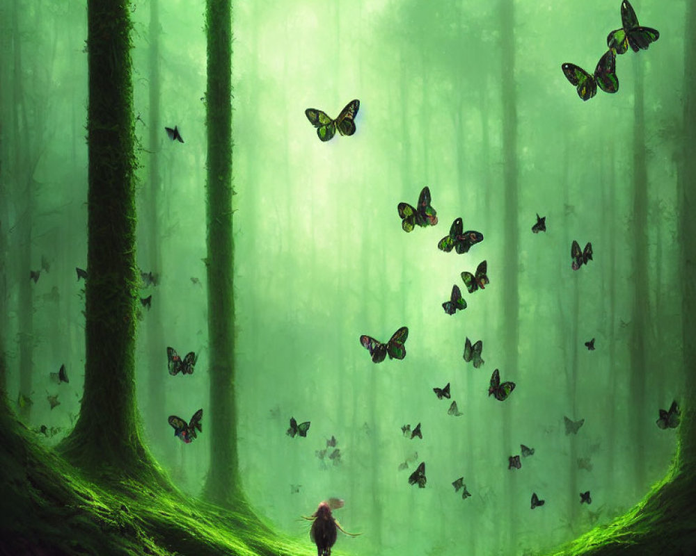 Person in Mystical Green Forest with Butterflies and Sunlight