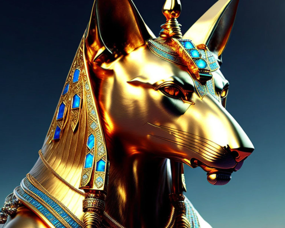 Intricately detailed golden Anubis statue with jewels on blue background