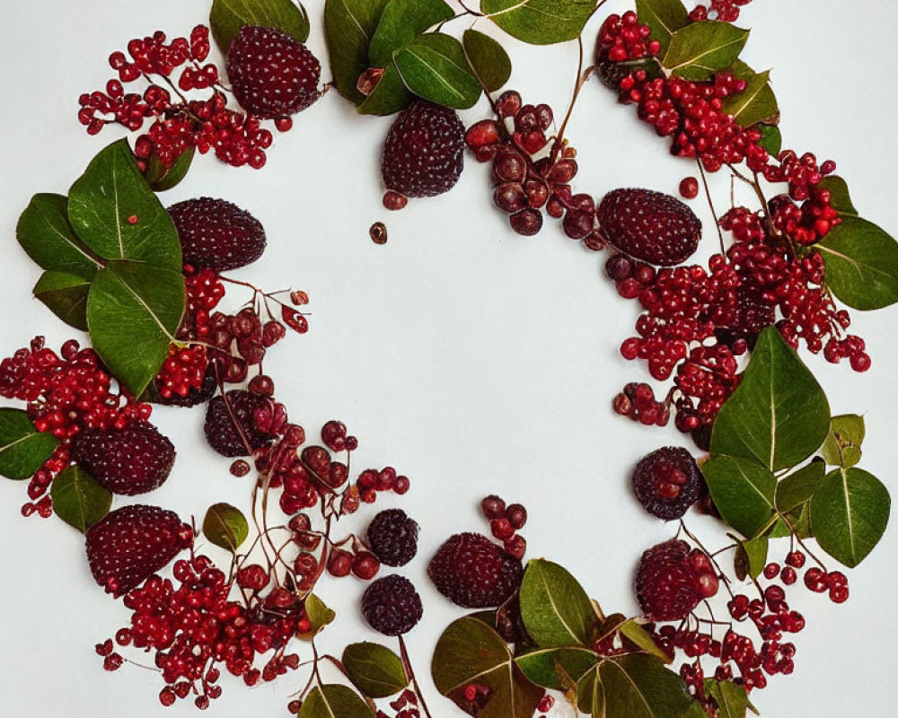 Red Berry and Green Leaf Wreath on White Background