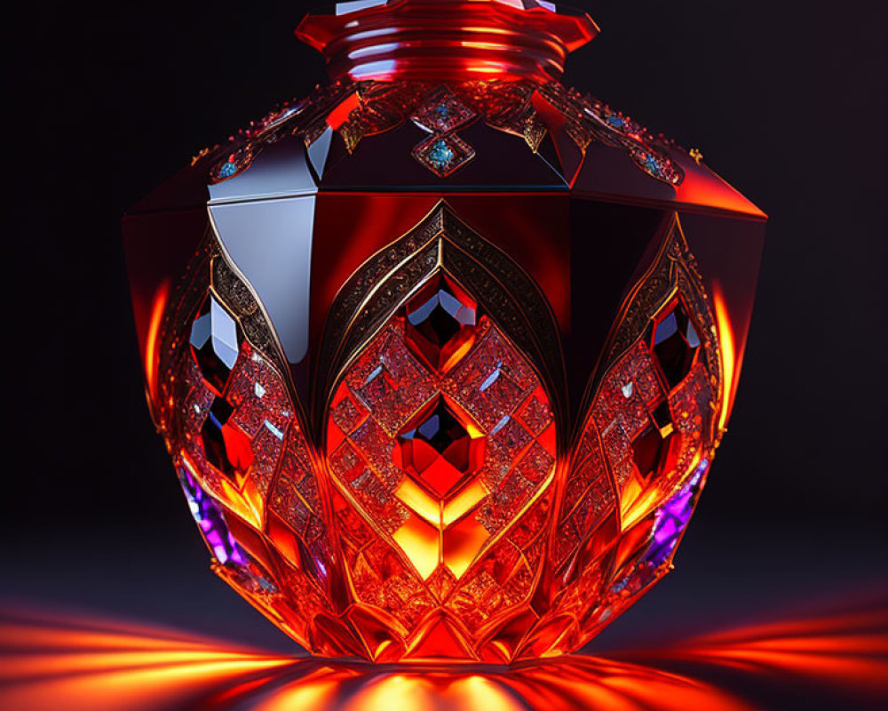Intricately Designed Red Crystal Vase with Radiant Light