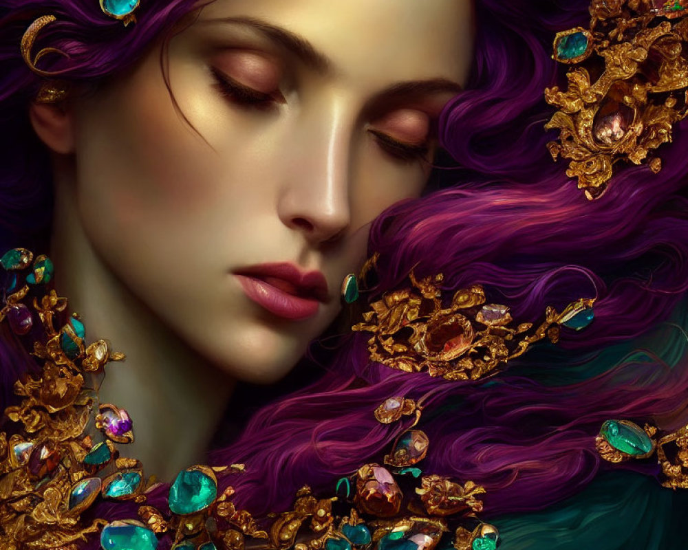 Purple-haired woman with gem-encrusted jewelry in serene pose