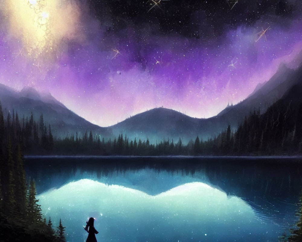 Silhouetted Figure by Mountain Lake Under Starry Night Sky