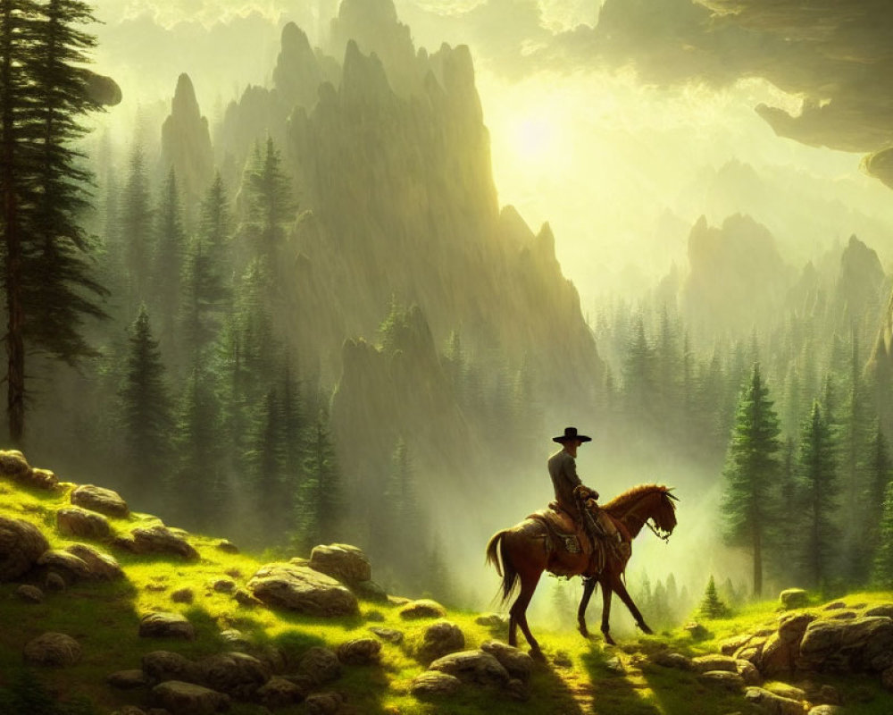 Cowboy riding horse in lush forest valley with cliffs and sunrays.