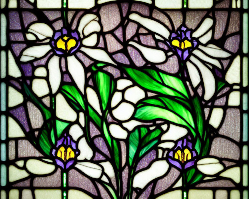 Floral Pattern Stained Glass Window with White Blooms