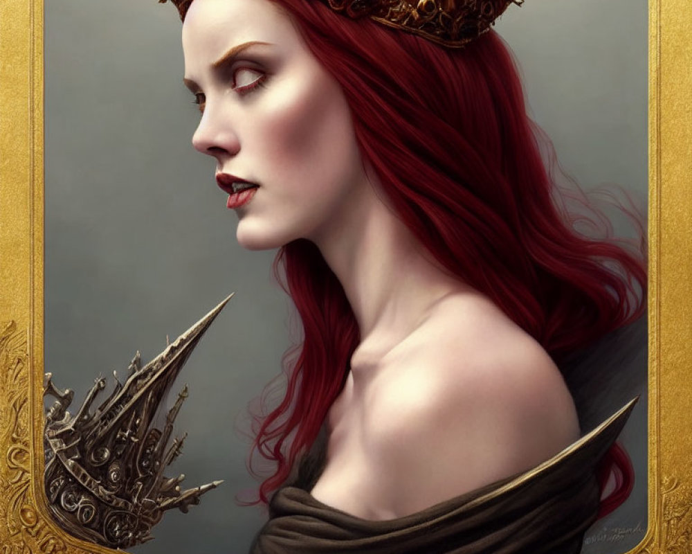 Digital portrait of woman with red hair and regal golden crown in ornate frame