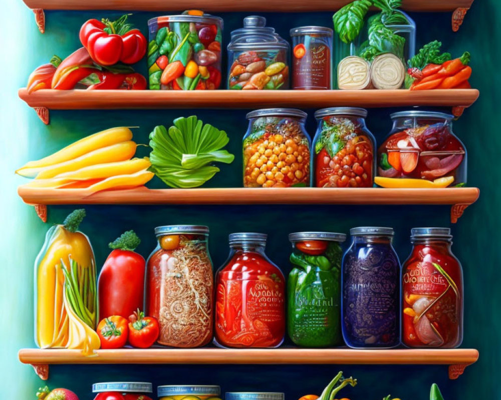 Colorful Fresh Vegetables & Canned Goods Display Shelf