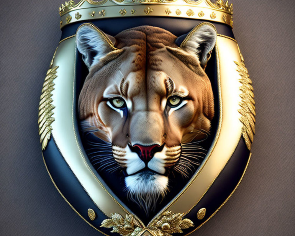 Illustrated crest with lioness head, crown, shield, gold & white accents, feathers