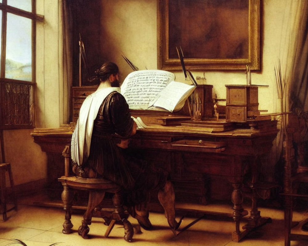 Historical figure at desk with quill in hand surrounded by writing tools