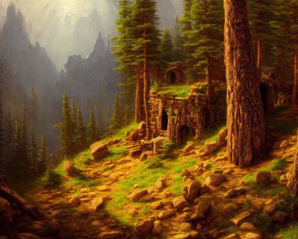 Mystical forest with towering trees, rocky path, ancient ruins, and misty mountains