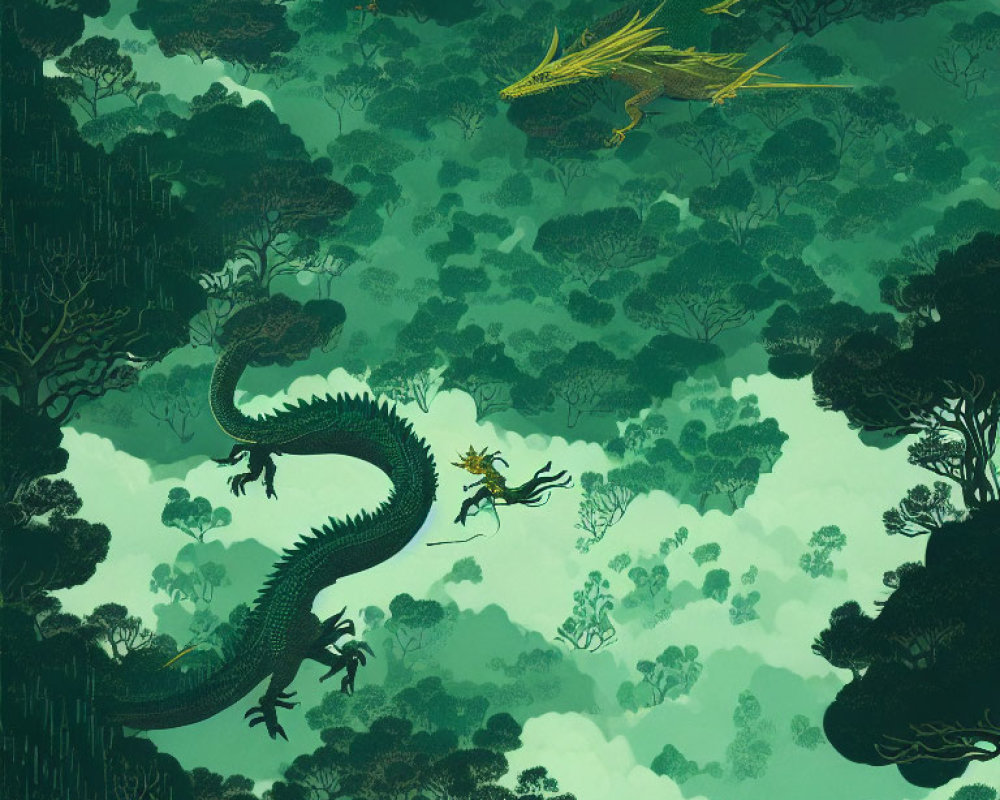 Person riding flying dragon over lush green forest with second dragon