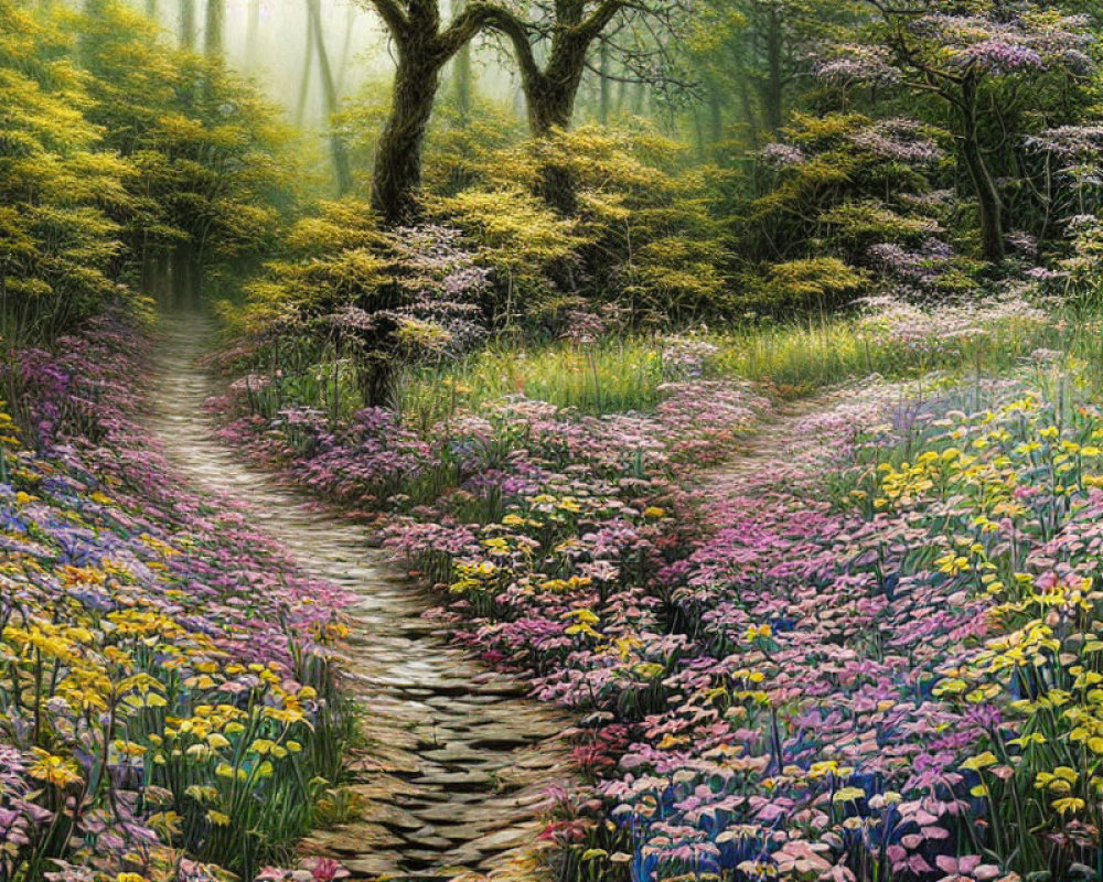 Scenic forest path with colorful flowers and sunlight filtering through trees