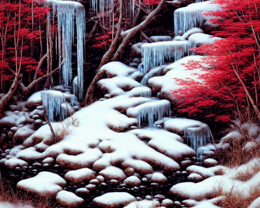 Frozen waterfalls, snow-covered rocks, and red foliage in serene winter scene