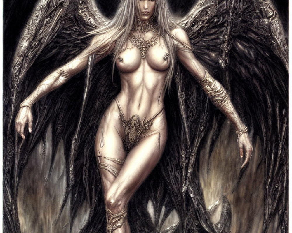 Fantasy female character with white hair, horns, dark wings, and intricate body adornments