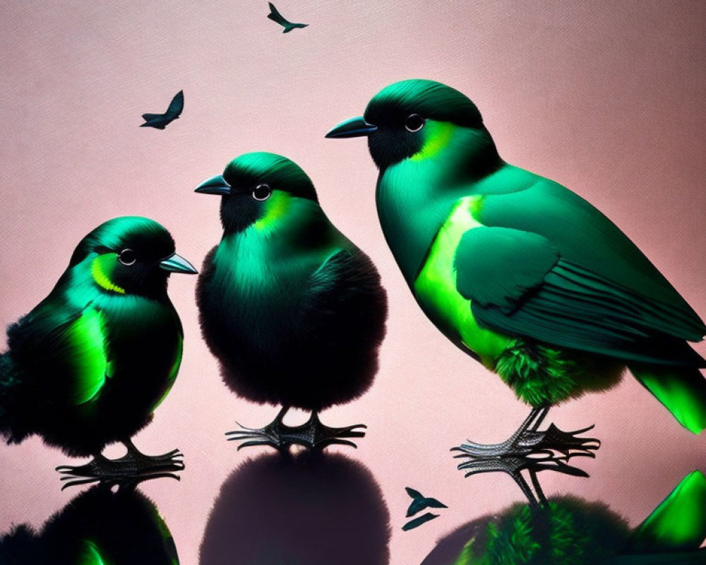 Stylized green birds with shadows on pink background and flying silhouettes