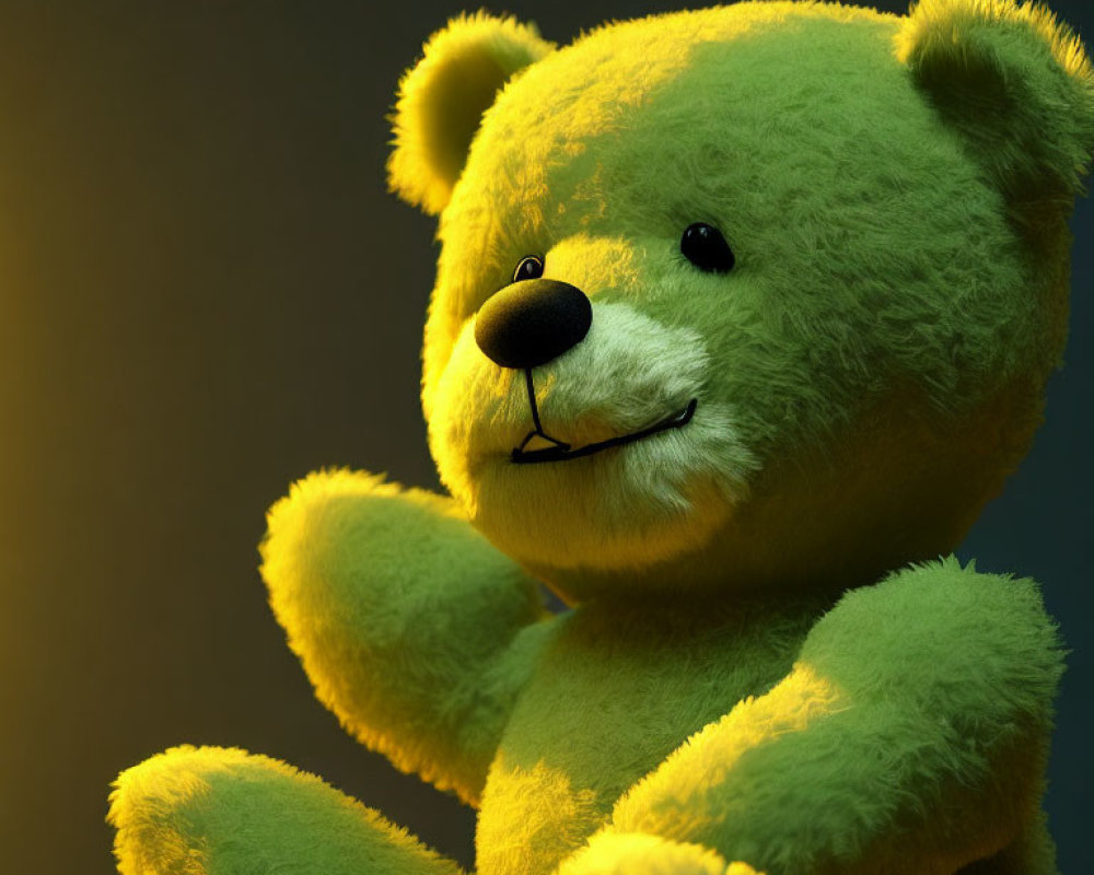 Green Teddy Bear with Black Nose Smiling in Warm Light