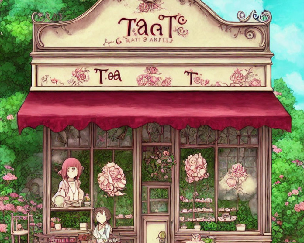 Illustration of a cozy tea shop with character in pink attire, surrounded by greenery and flowers