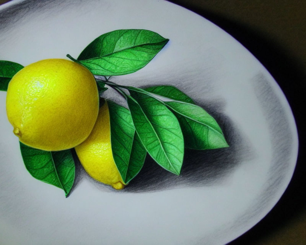 Bright Lemons with Green Leaves on White Plate: Illusion of Depth