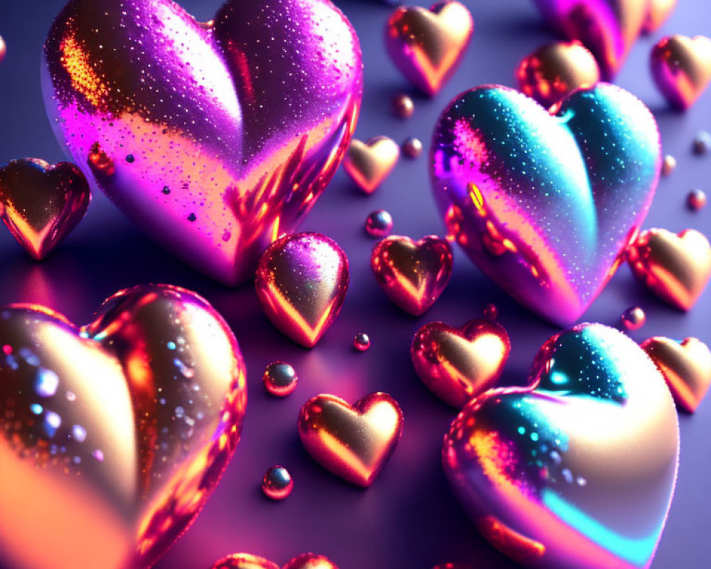 Vibrant iridescent hearts in various sizes on reflective surface.