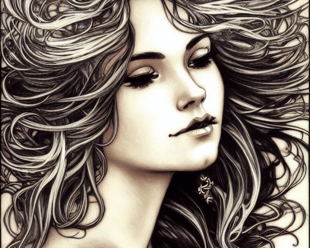 Detailed black and white illustration of woman with flowing curly hair and serene expression.