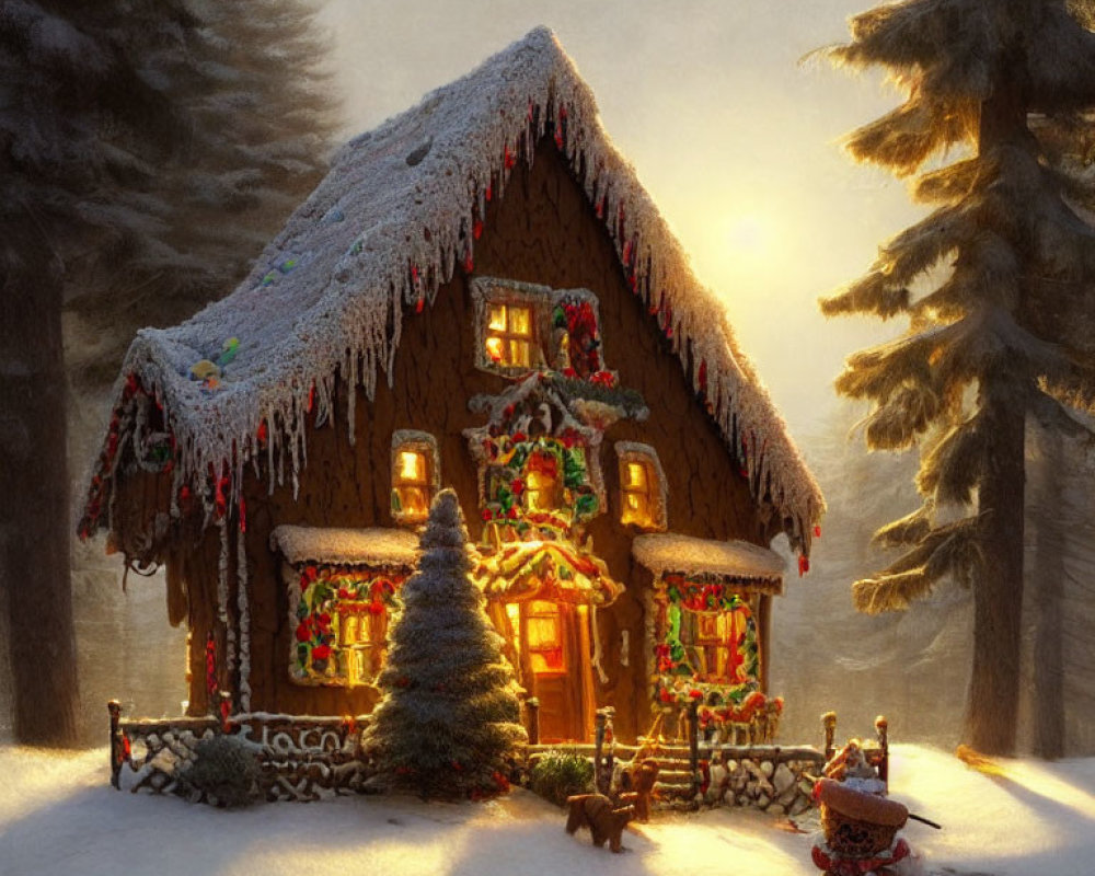 Snow-covered cottage with Christmas decorations and snowman in twilight winter scene