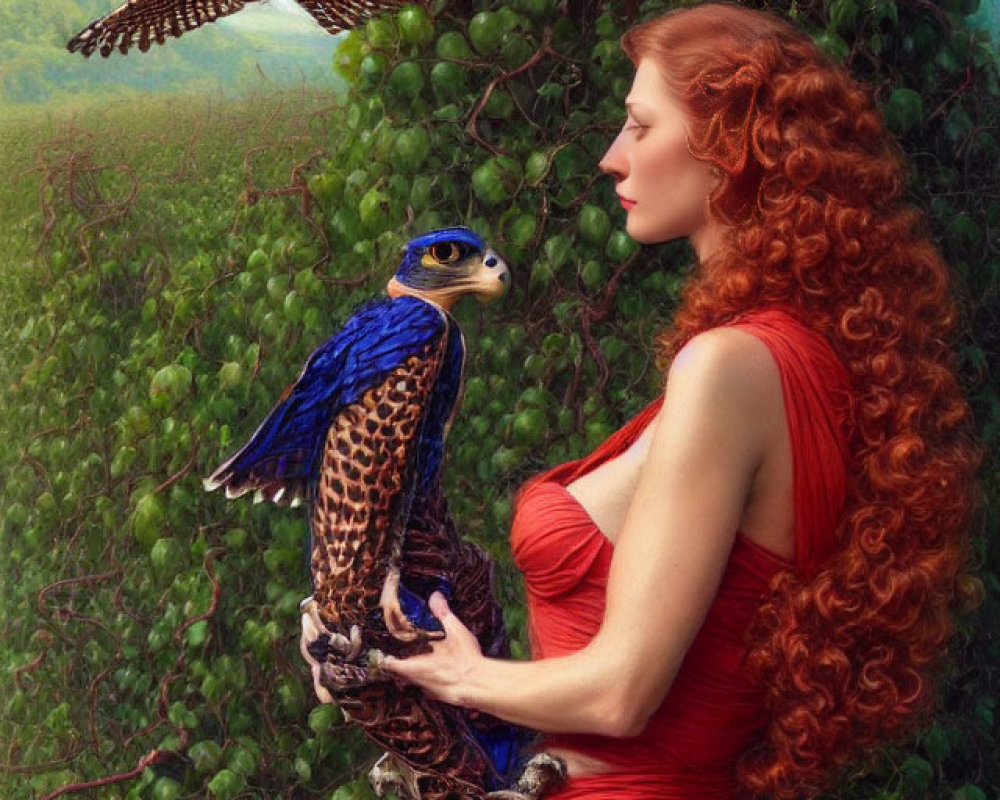 Red-haired woman in ruched dress with falcon and flying bird in lush green ivy setting