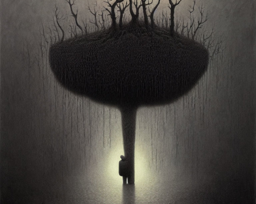 Surreal mushroom-shaped tree in misty environment