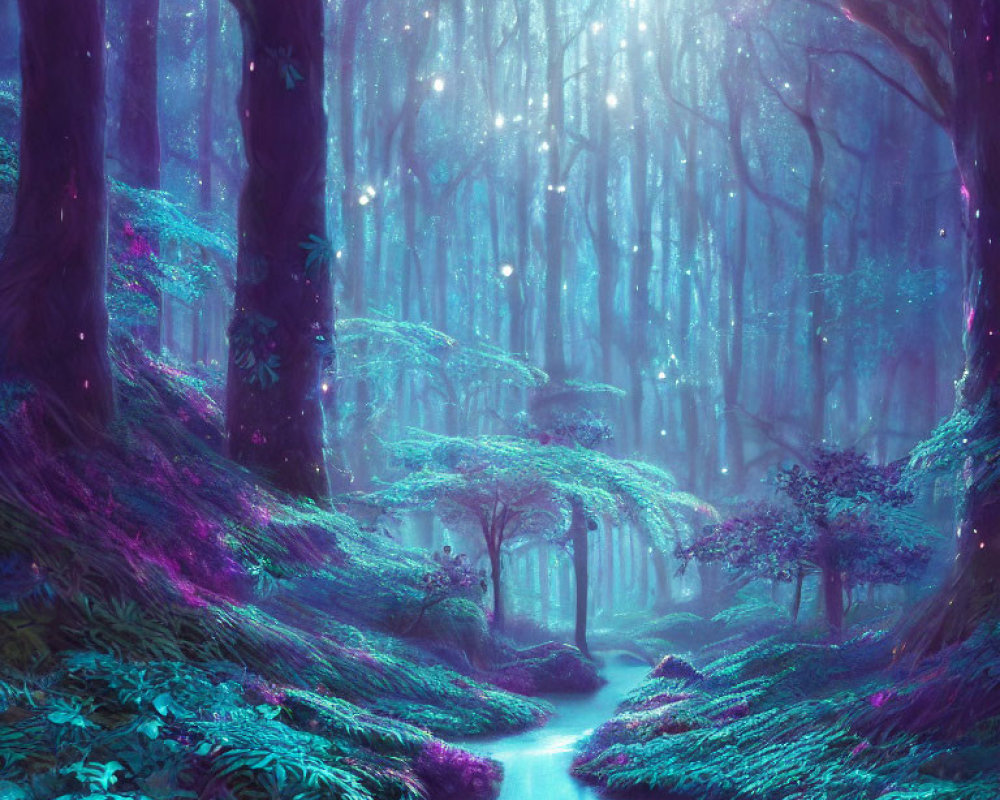 Enchanting Forest with Purple and Blue Hues and Serene River