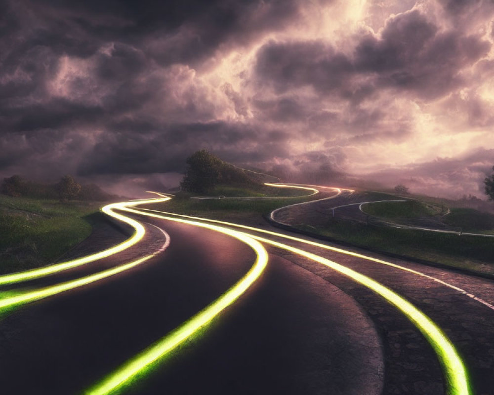 Twisting Road with Glowing Edges under Dramatic Dusk Sky