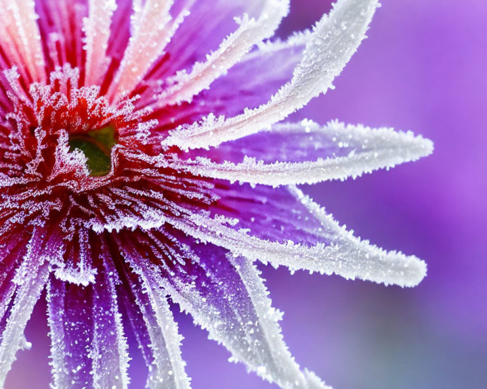 Frost-covered purple flower with ice crystals on petals
