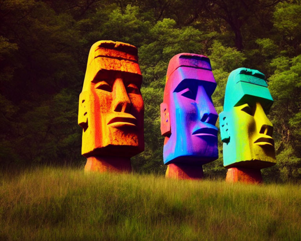 Vibrant Color Gradient Stone Heads in Forest Setting