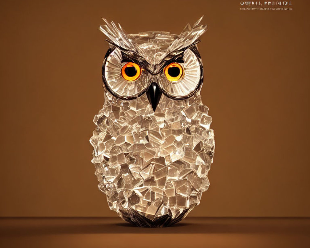 Glass Owl Sculpture with Large Orange Eyes on Tan Background