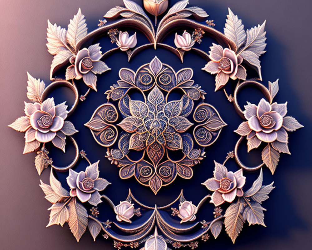 Symmetrical Floral Pattern with Blooming Flowers and Leaves on Gradient Background
