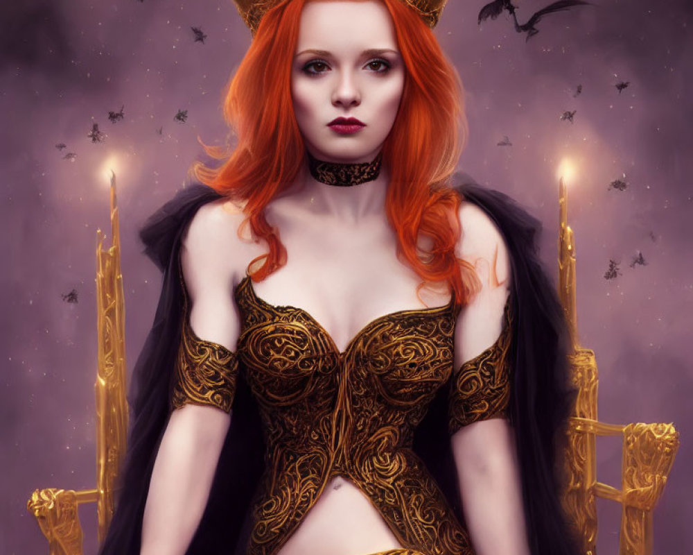 Red-haired woman in gold and black bodice with crown and dark cape, surrounded by candles and bats