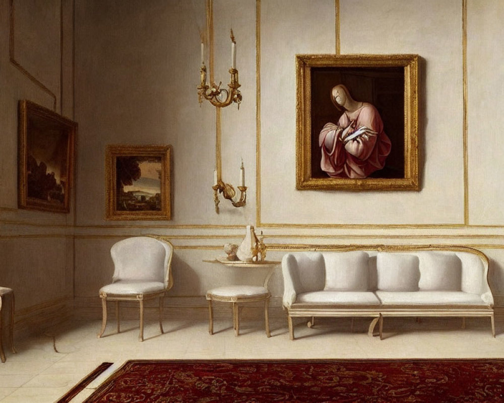 Classic Decor: White Sofa, Armchairs, Chandeliers & Wall Paintings