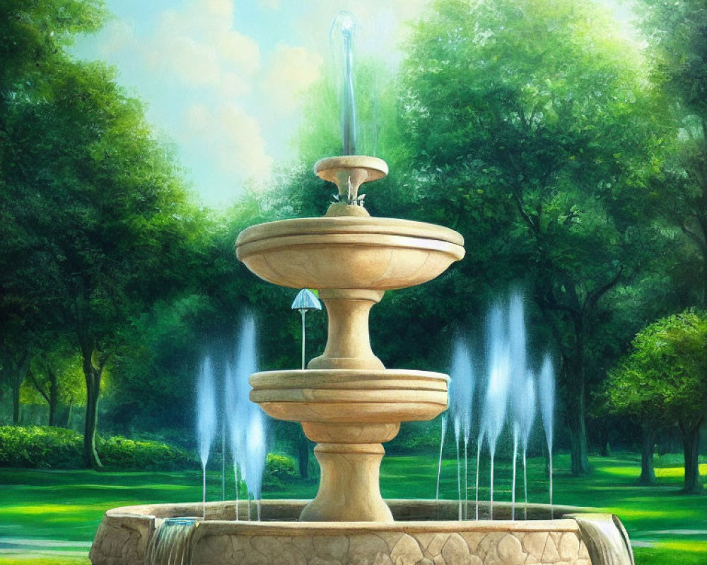 Tranquil painting of a multi-tiered stone fountain in a green park