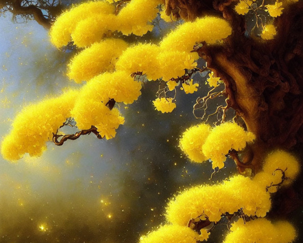 Mystical tree with bright yellow foliage and glowing particles against dark starry sky