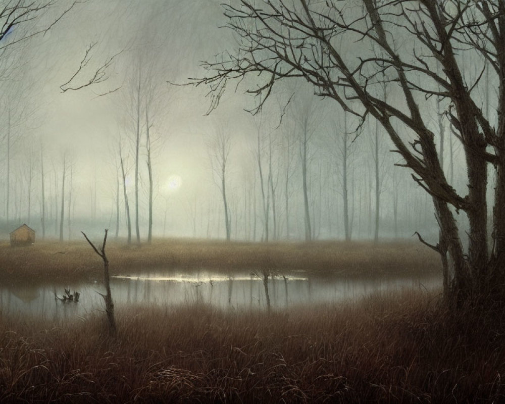 Foggy landscape with pond, trees, grasses, and hut