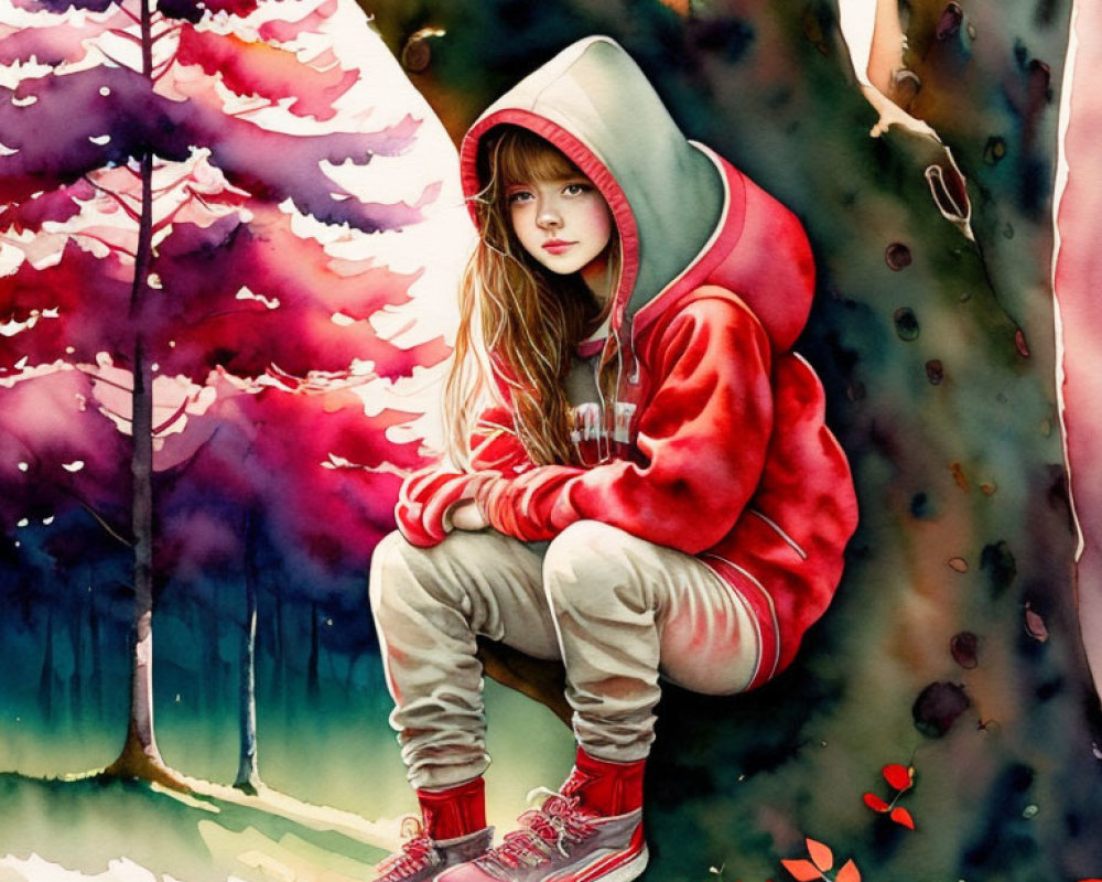 Girl in Red Hoodie Sitting on Tree Branch in Colorful Forest Setting