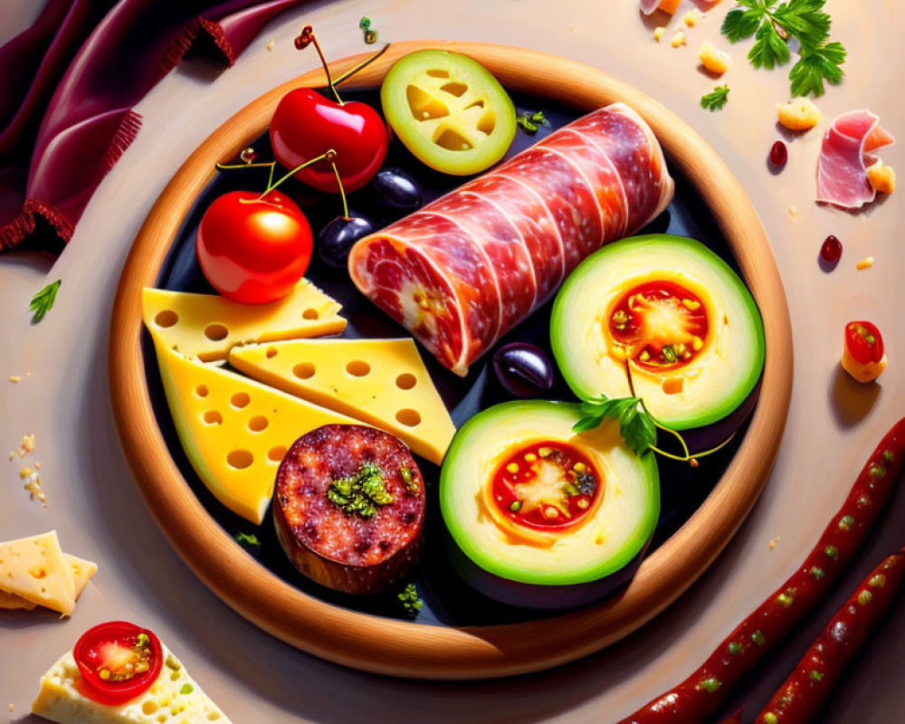 Colorful Charcuterie Board with Cheeses, Meats, and Fruits on Wooden Plate