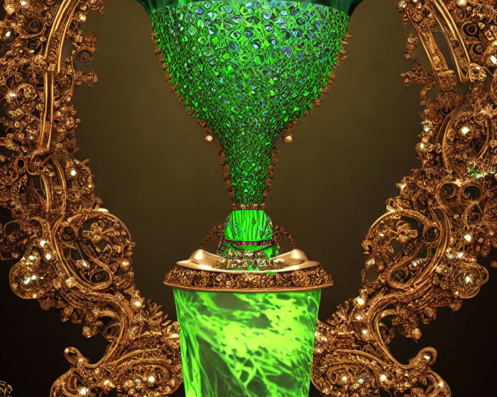 Golden frame encasing intricate green chalice emitting vivid light.