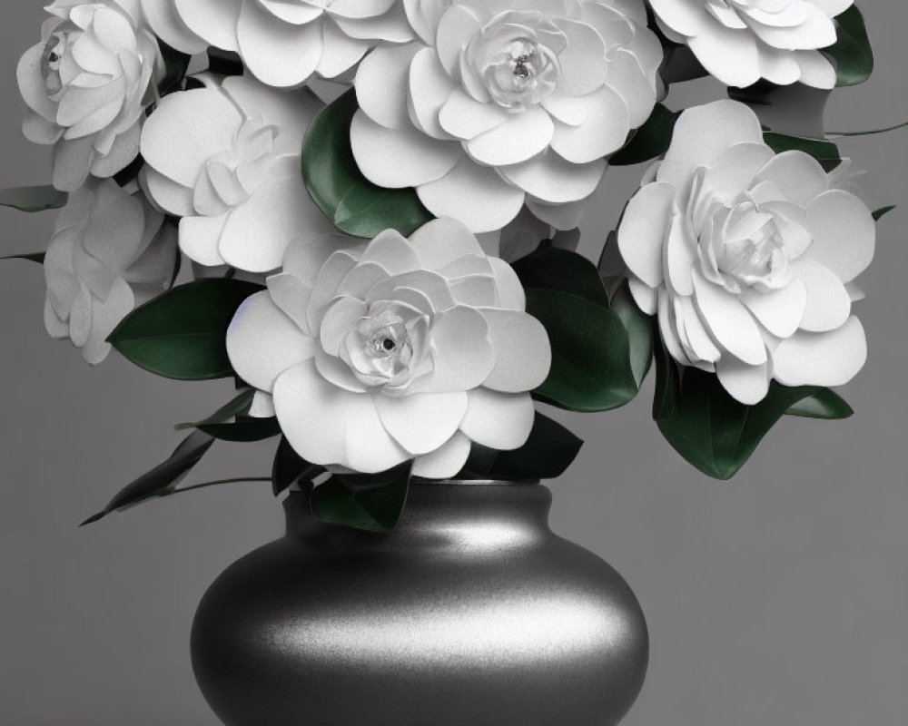 Monochrome artificial camellia flowers in matte black vase on grey background