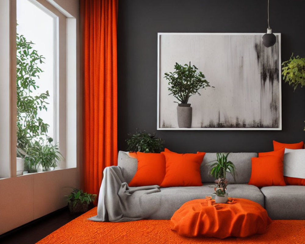 Contemporary Living Room with Grey Sofa, Orange Accents, Abstract Art, Plant, and Large Window